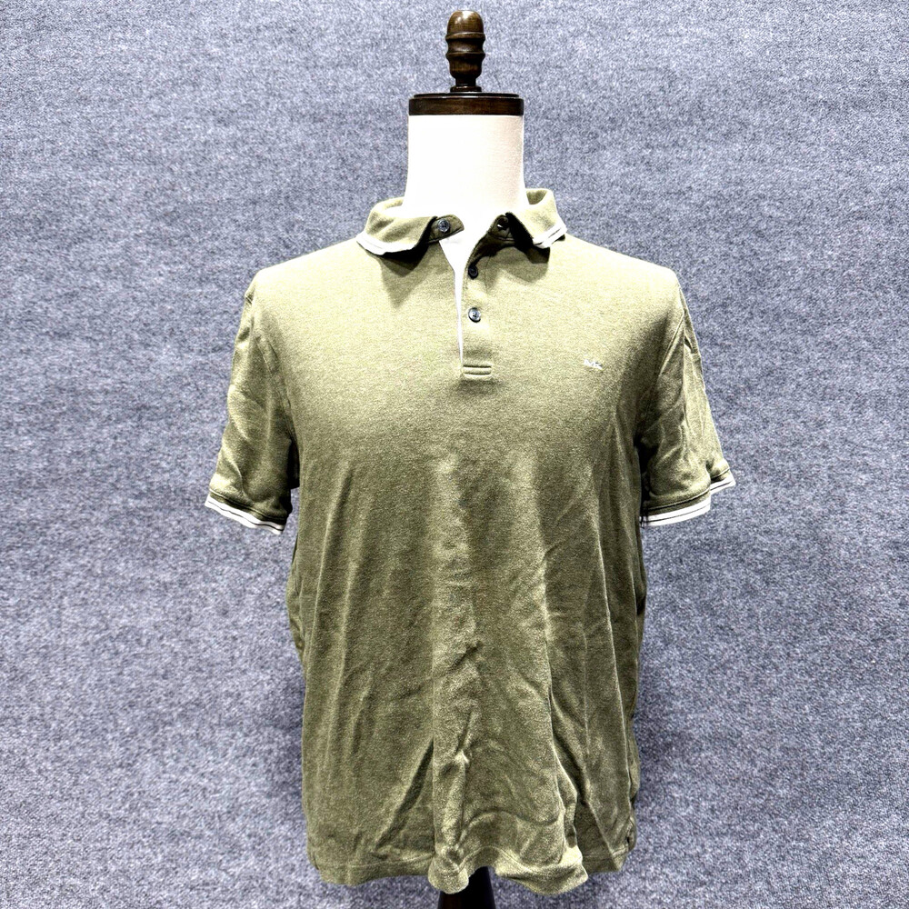 Michael Kors Polo Shirt Mens Large Olive Green White Trim Short Sleeve Logo L